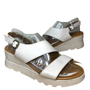 Bueno Gianna Tan Leather Platform Wedge Sandals Nude Strappy Comfy Neutral Sz 39